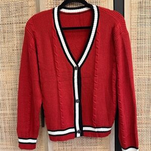 Elegant Red Cable Knit Cardigan with Contrast Trim